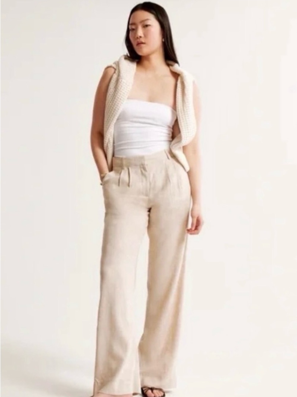Abercrombie & Fitch Beige New High-Waist Wide-Leg Linen Blend Pants